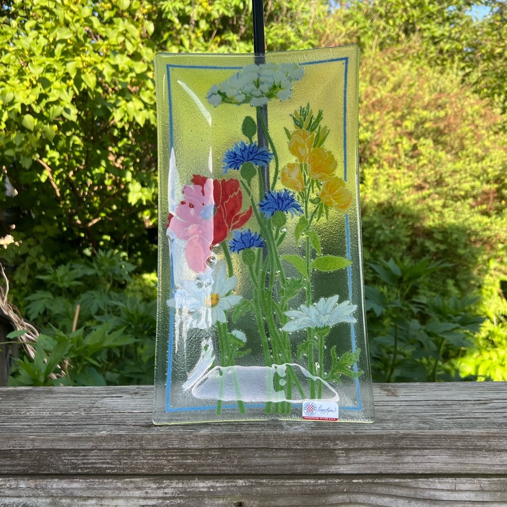 Peggy Karr Fused Art Glass Floral Tray 13.75” Length X 7.75” Width NWT Signed